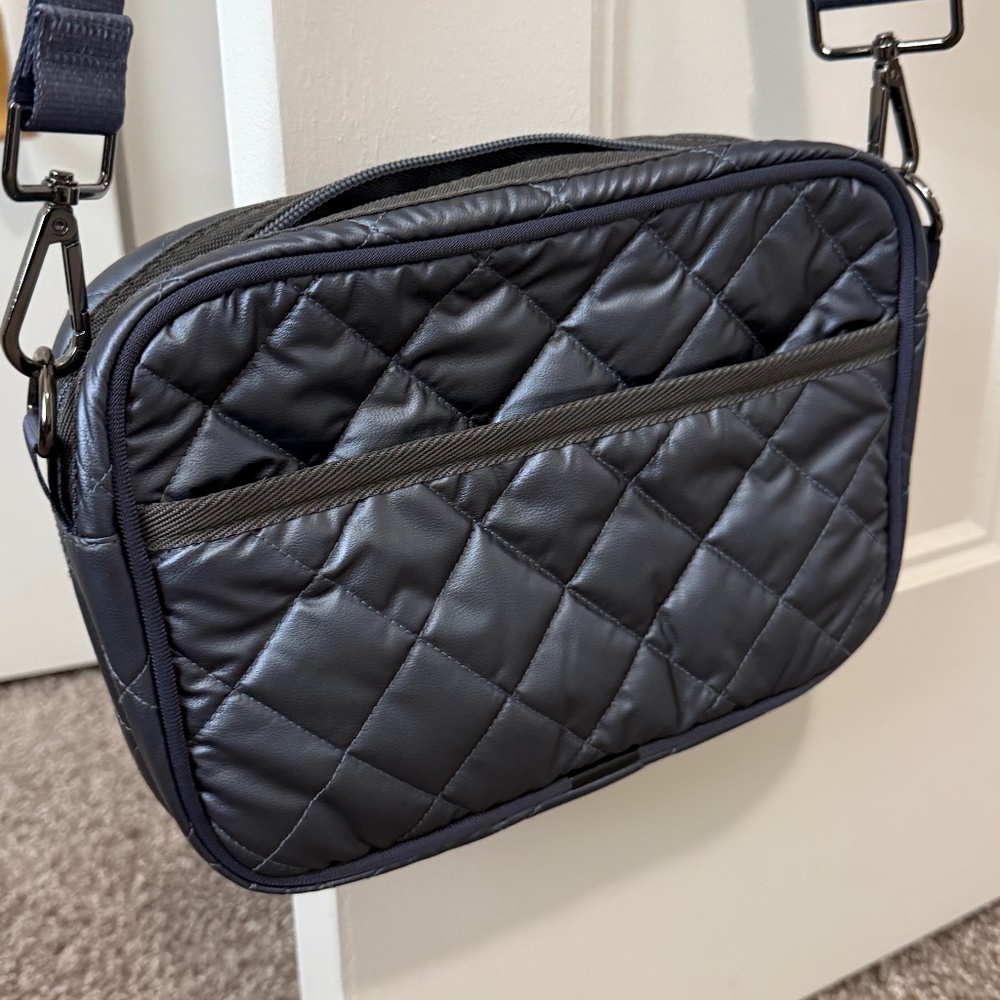 Haute Shore PEYTON Crossbody, Camera bag style, Metallic Slate Blue Puffer.